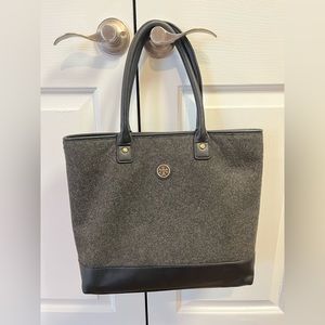 Tory Burch Wool Tote with Leather and Gold Accents (Black and Grey)